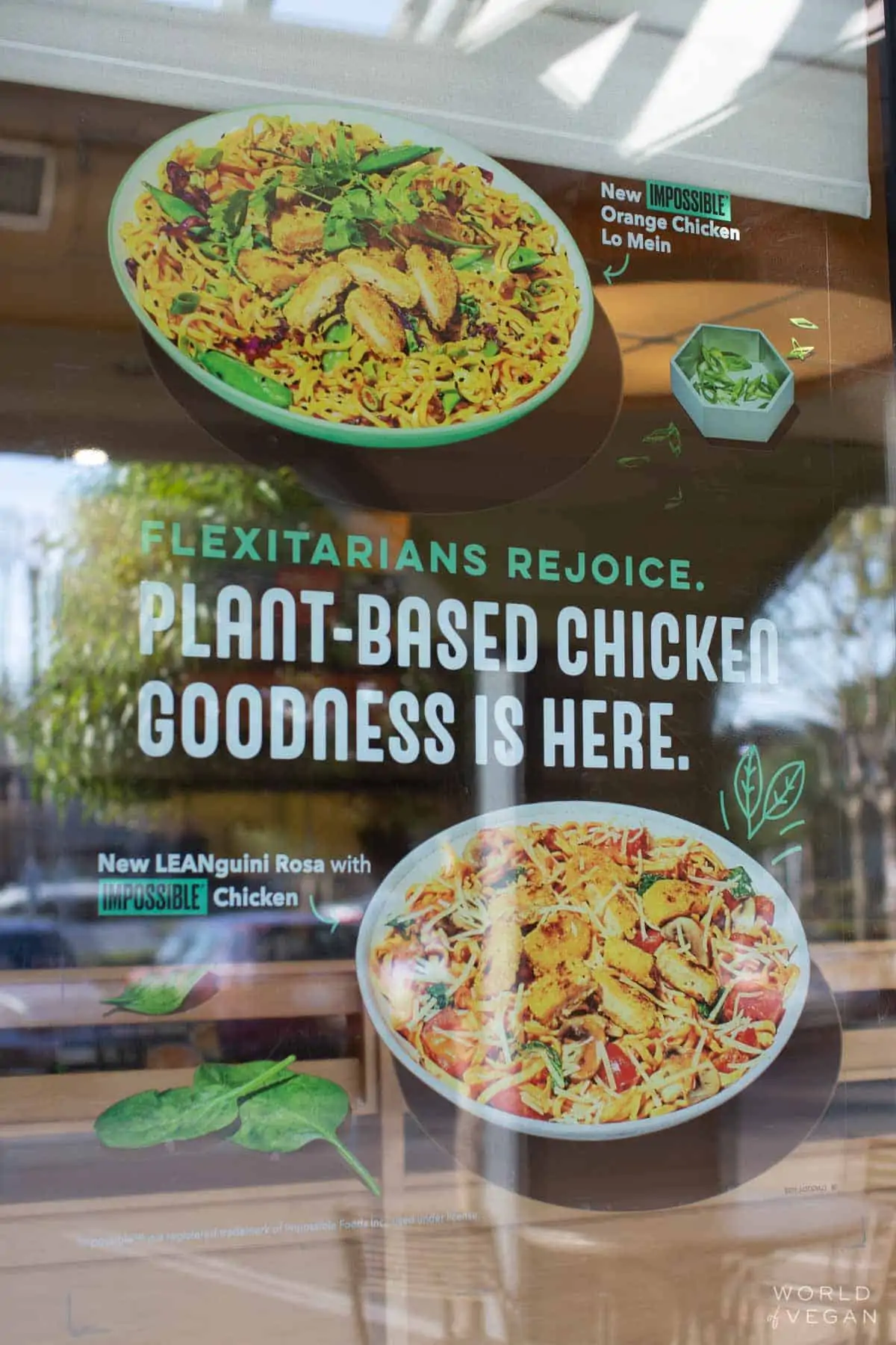 New Plant Based Impossible Chicken Sign in Noodles & Company Window