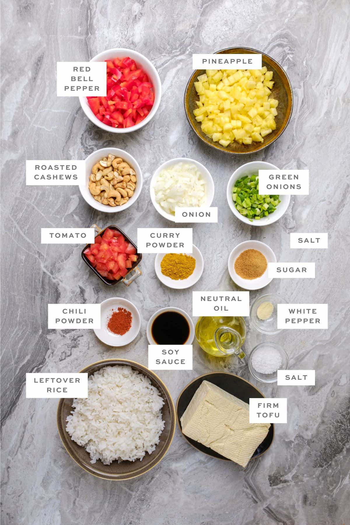 Ingredients for vegan pineapple fried rice with labels.