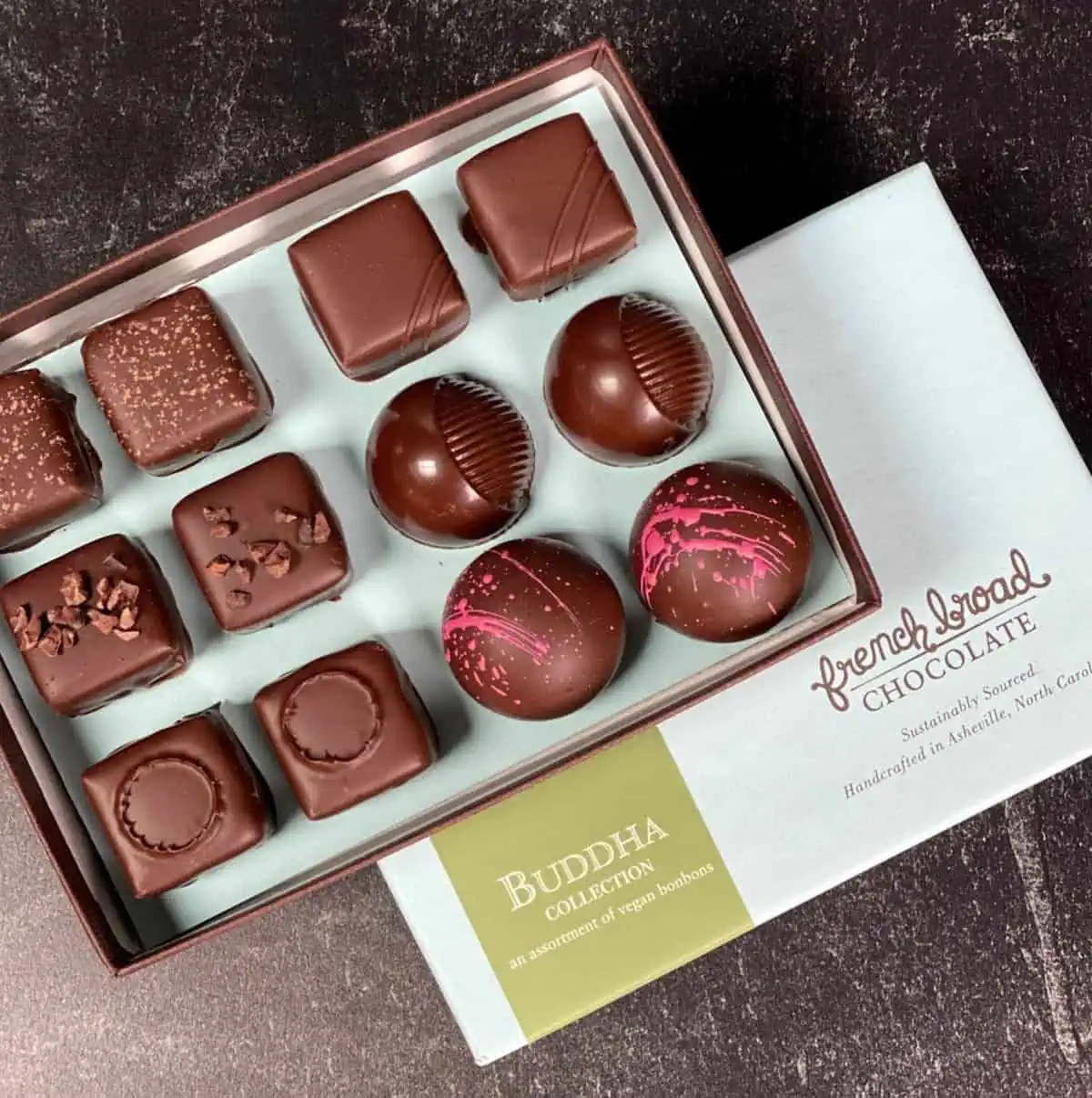 A vegan chocolate "Buddha Collection" from French Broad Chocolates in Asheville.