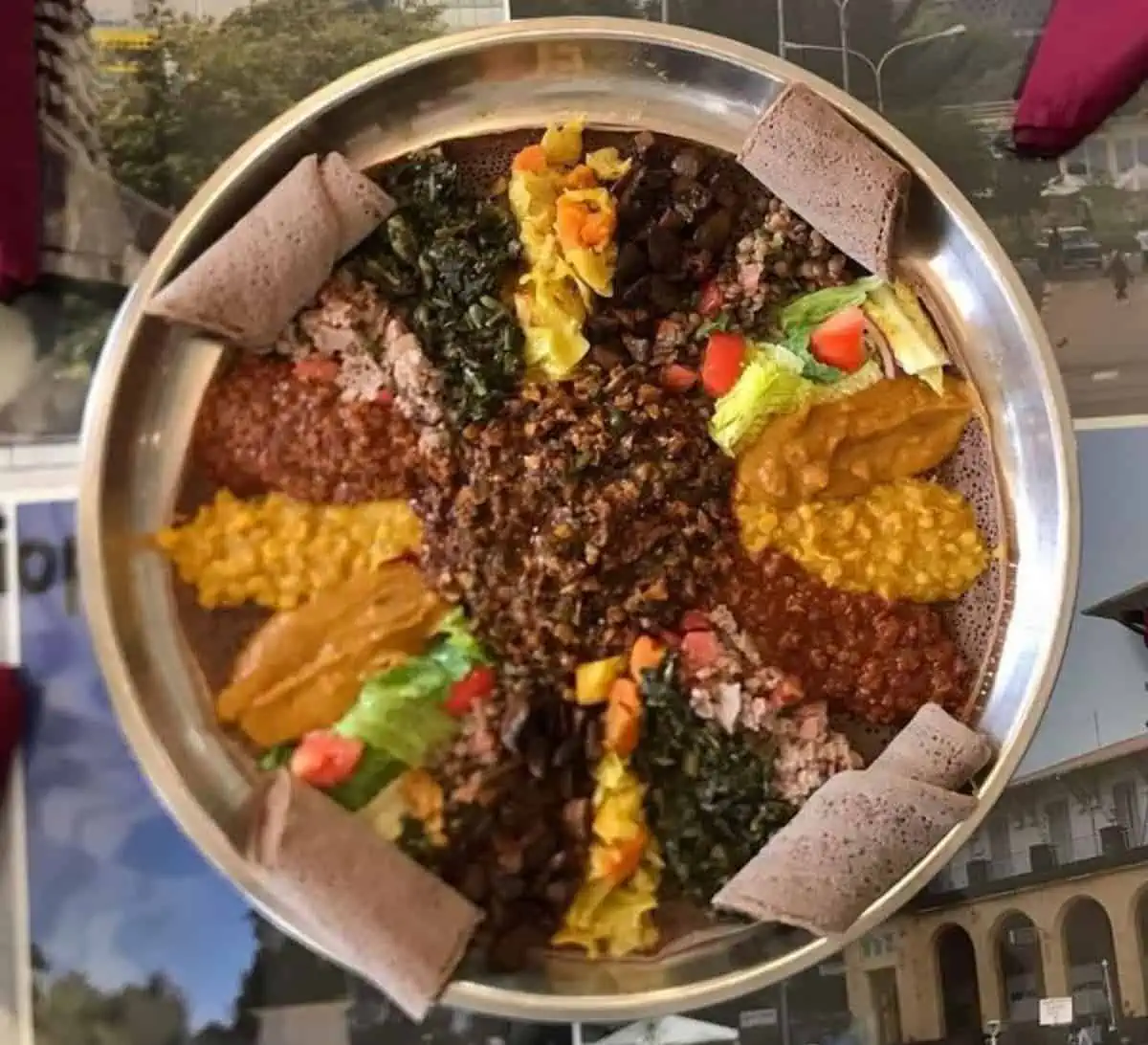 A plate of vegan food from Selam Ethiopian and Eritrean Cuisine.