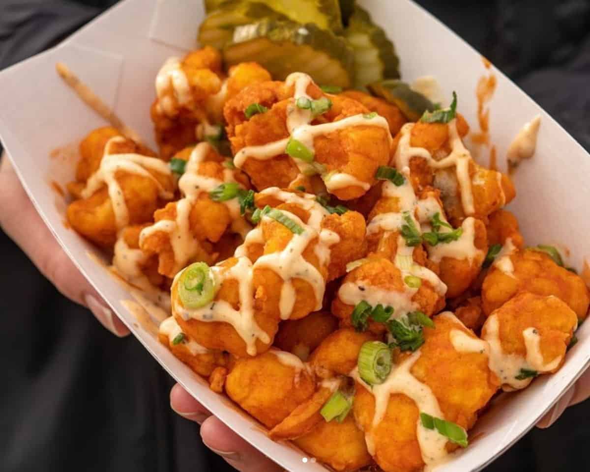 Vegan buffalo cauliflower bites from Smokin' Onion in Asheville.