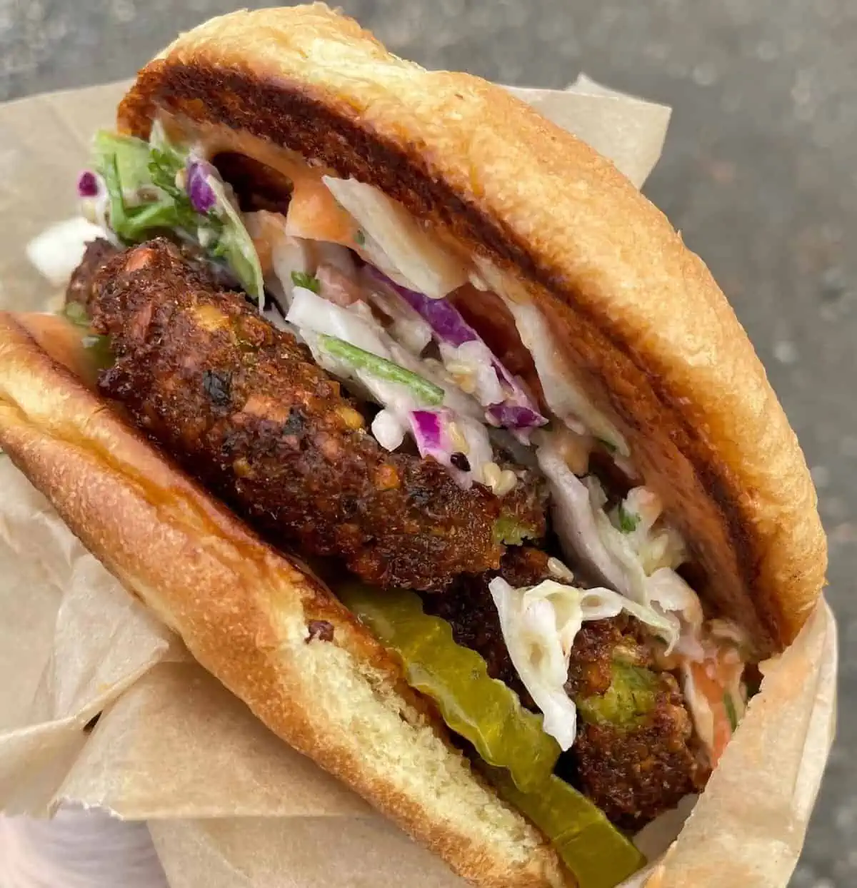 A vegan falafel burger from Tahini Jar in Asheville.