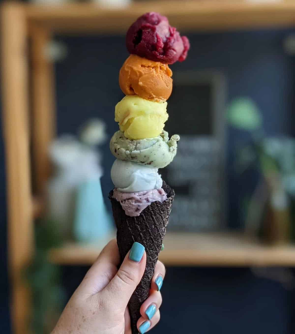 Vegan ice cream cone for pride month at The Greenery Creamery.