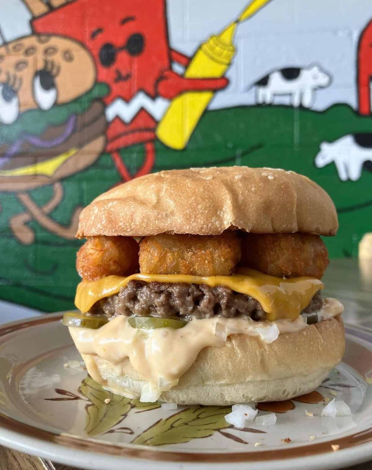 A vegan tot burger from the Trashy Vegan in Asheville.