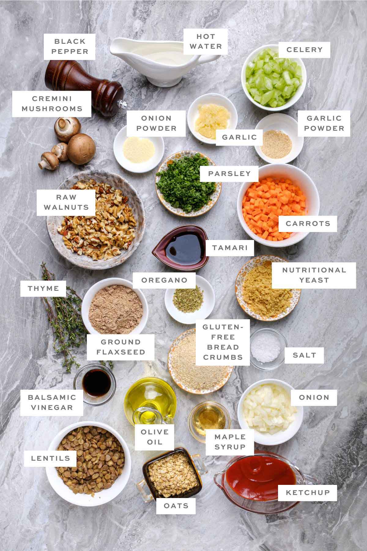 Ingredients for vegan meatloaf, with labels.