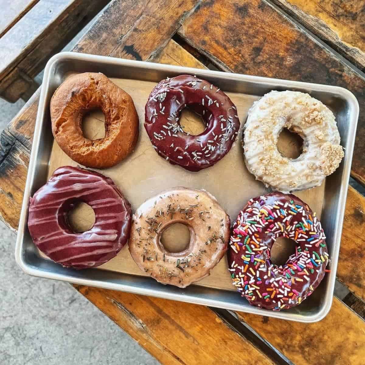 An assortment of vegan doughnuts from Vortex Doughnuts in Asheville.
