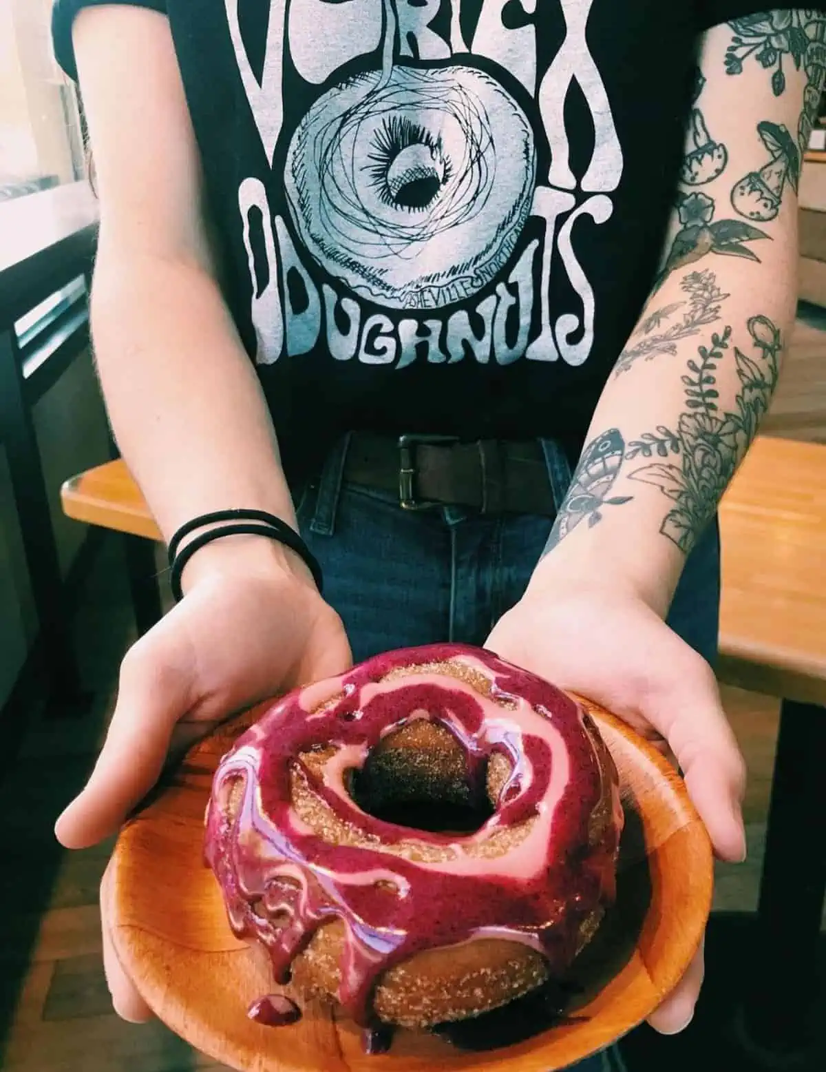 A fruity tooty vegan donut from Vortex Doughnuts in Asheville.
