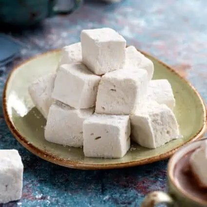 homemade square vegetarian vegan marshmallows served on a plate