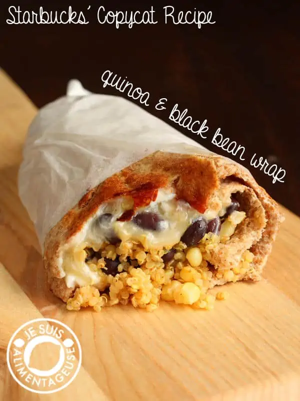 wrap filled with quinoa, black beans, corn, and melted vegan cheese