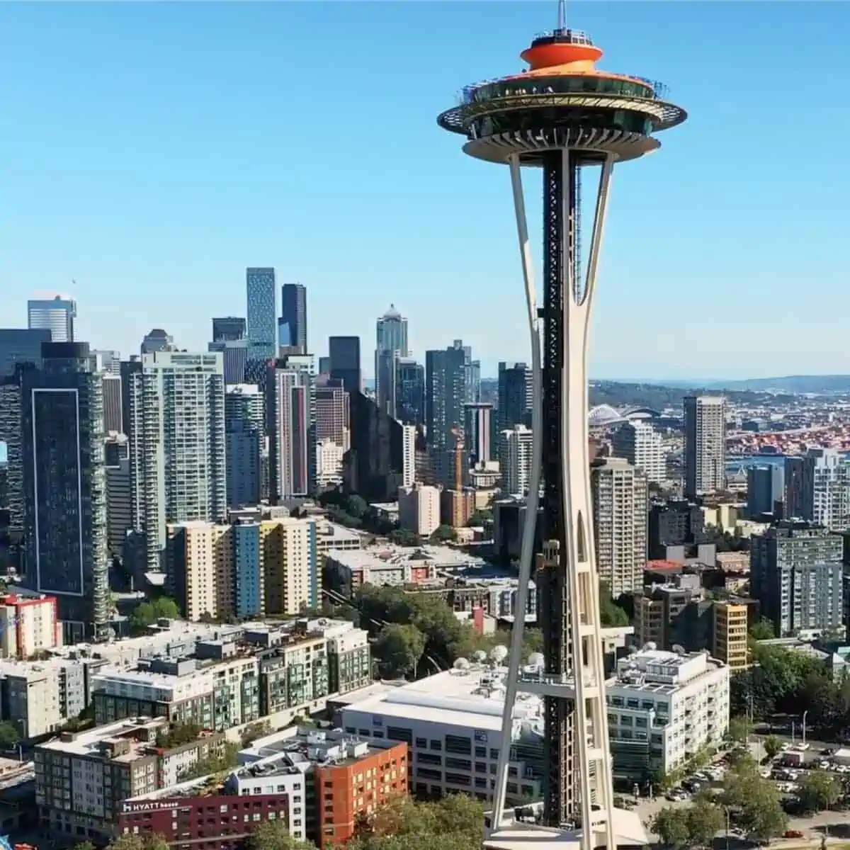 Seattle Washington city photo with tower and vegan restaurants.