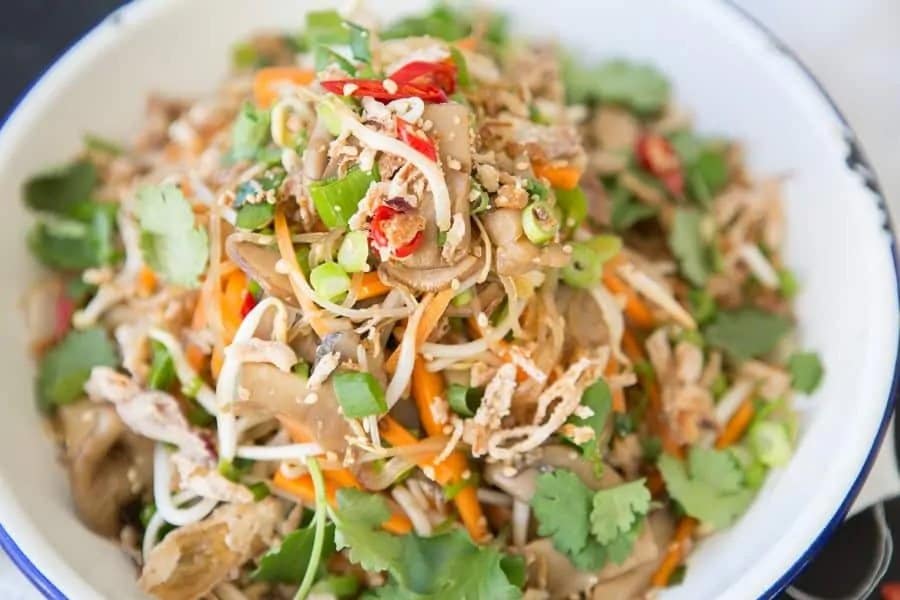 vietnamese salad with oyster mushrooms, sprouts, cilantro, carrots, and vermicelli noodles on a plate