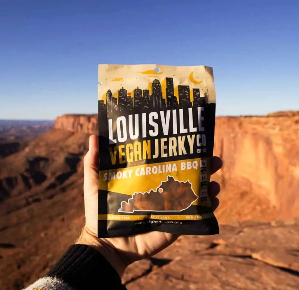 hand holding up a bag of smoky carolina bbq vegan jerky louisville vegan jerky in front of a natural rock formation