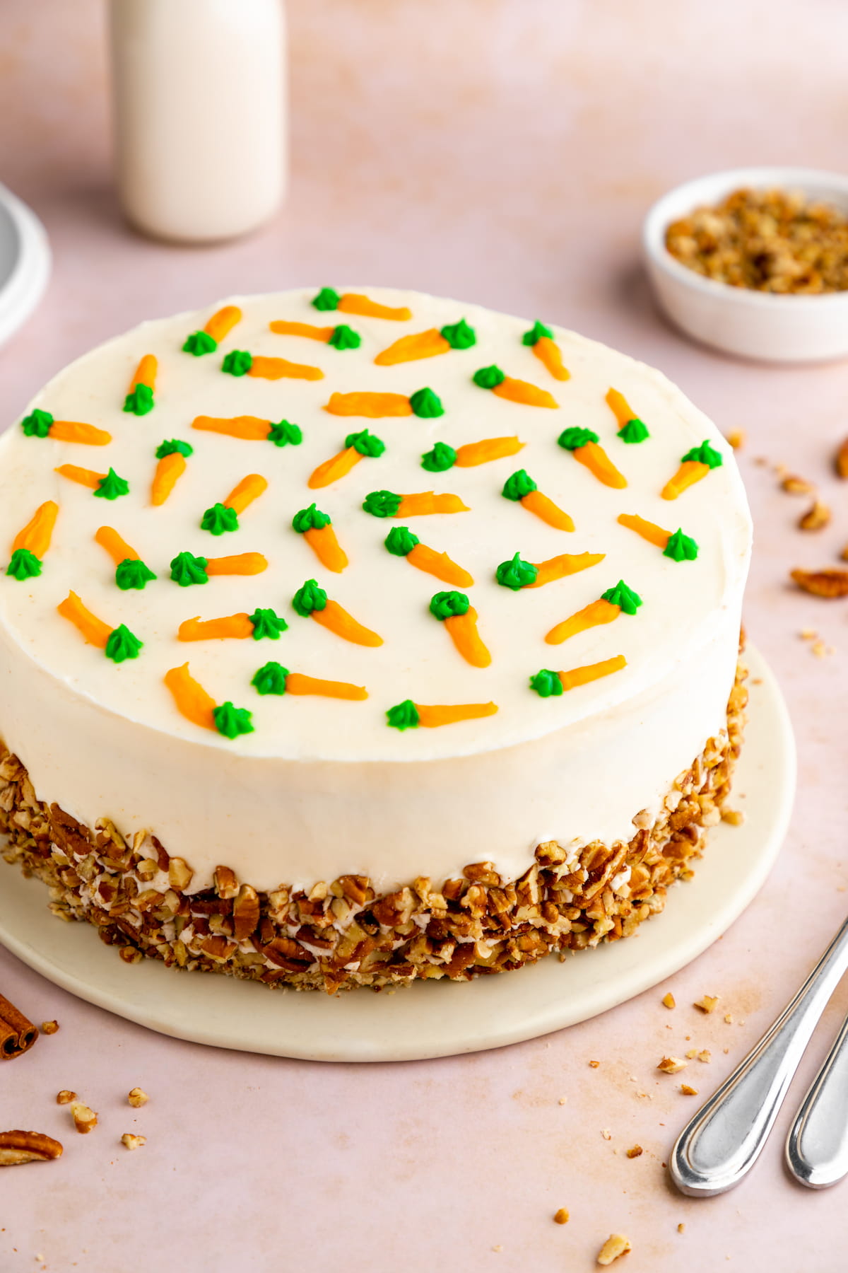 An angled, top-down shot of a vegan carrot cake.