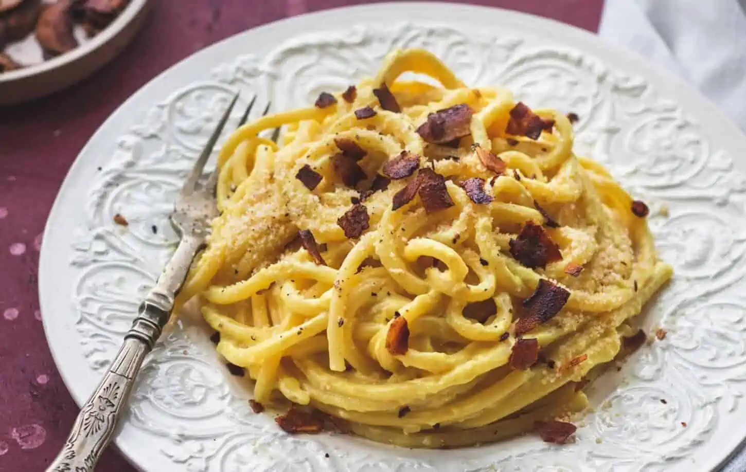 Dairy Free Carbonara Pasta with vegan coconut bacon