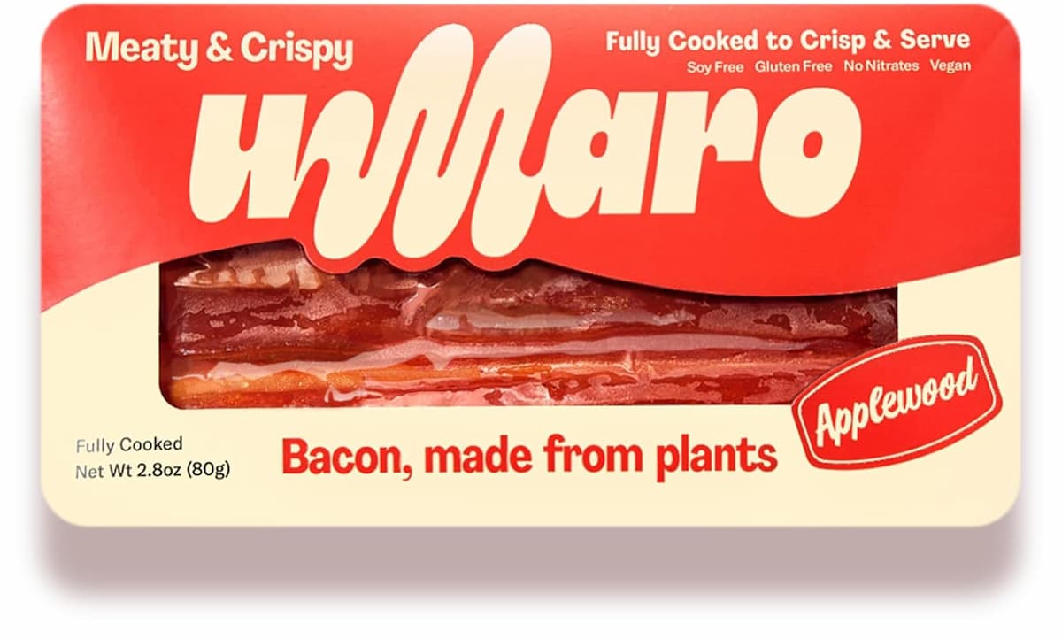 Package of Umaro vegan bacon against a white background. 