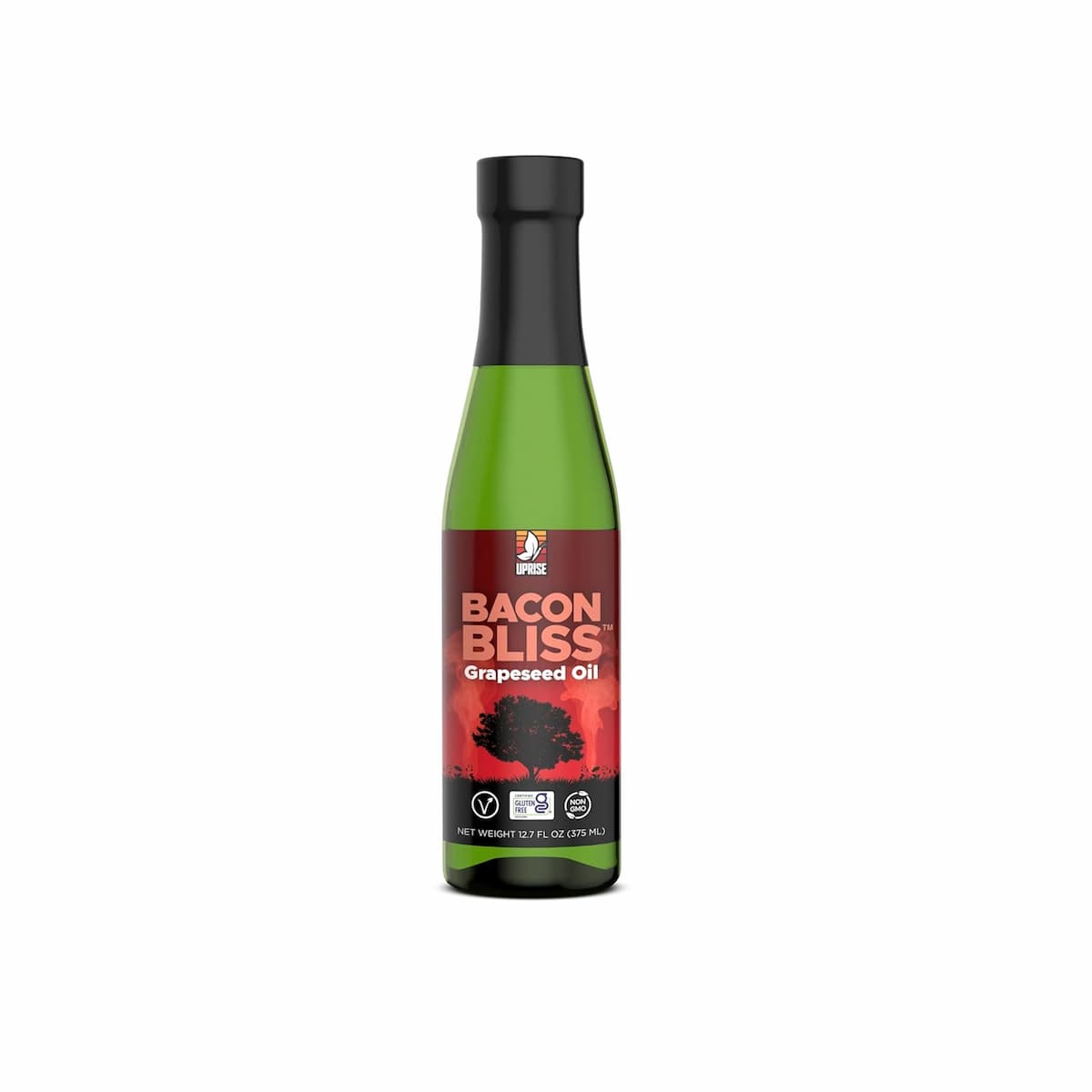 A green glass bottle of Uprise Foods Vegan Bacon oil against a white background. 