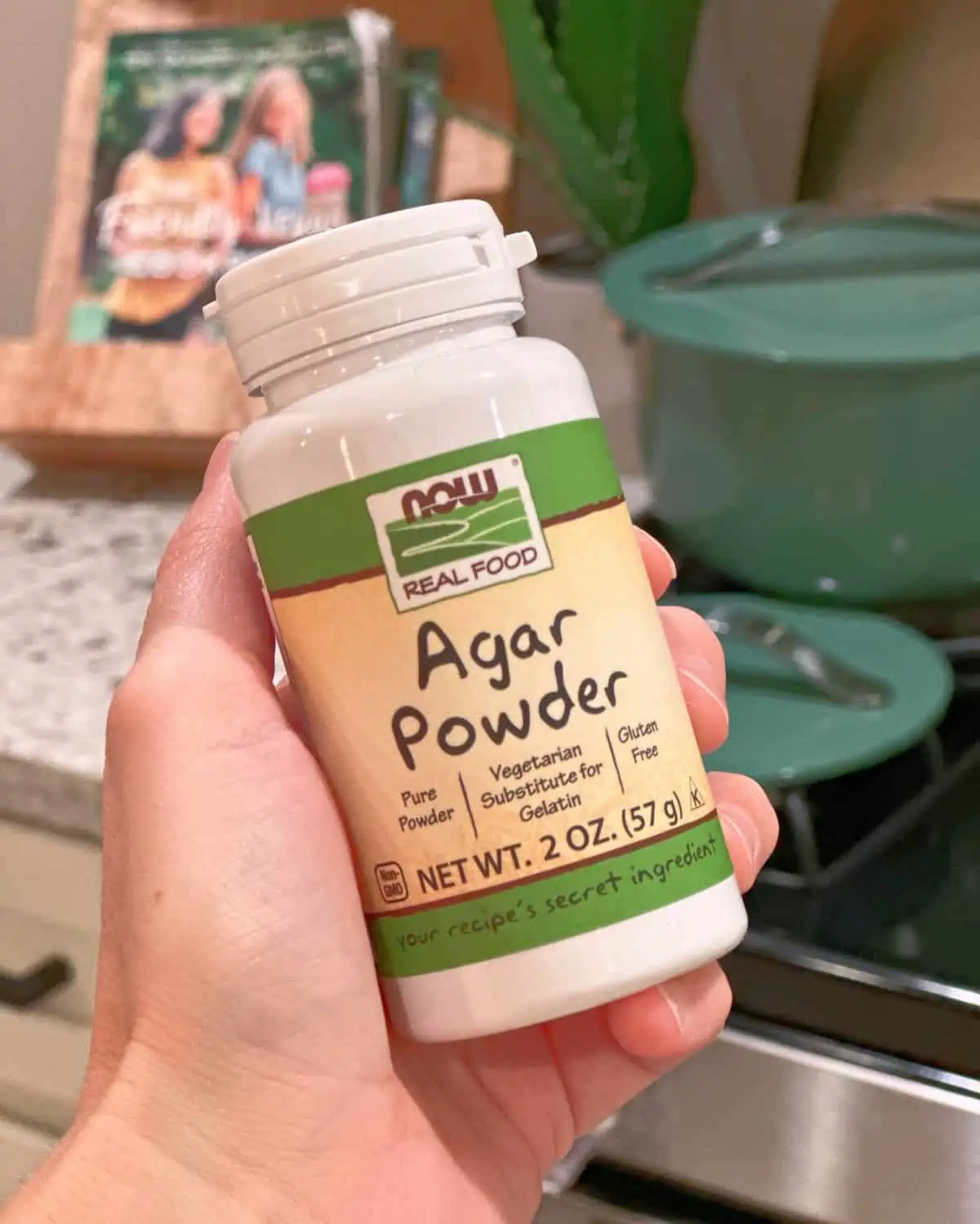 Bottle of agar agar powder vegetarian substitute for gelatin from Now Foods.