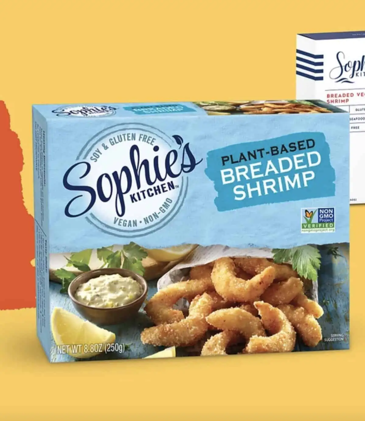 A box of frozen vegan shrimp from Sophie's Kitchen in their new updated packaging.