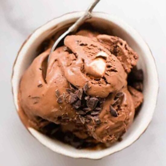 A bowl of dairy-free rocky road ice cream.