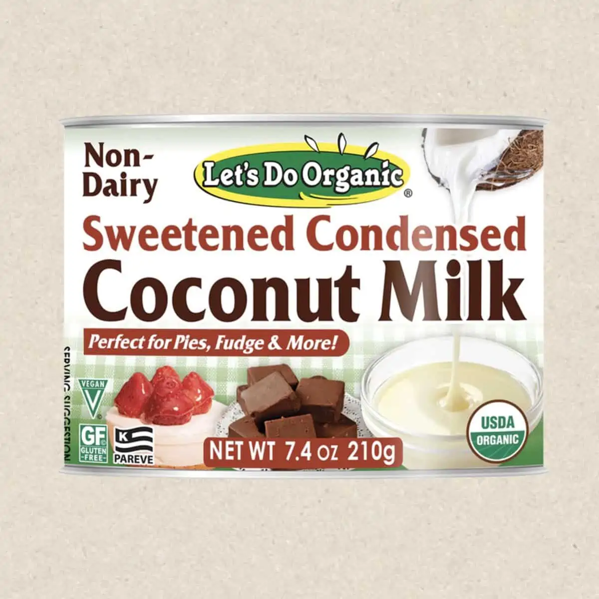 tin can of non-dairy sweetened condensed coconut milk from the brand lets do organic