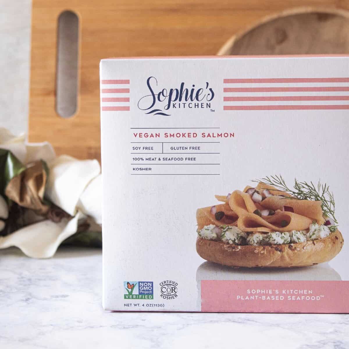 Sophies Kitchen vegan smoked salmon fish in a box