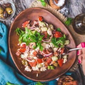 vegan greek salad with tofu feta
