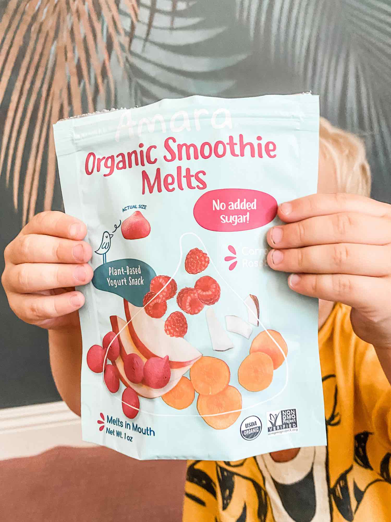 A vegan kid holding up bag of amaras organic smoothie melt snacks.