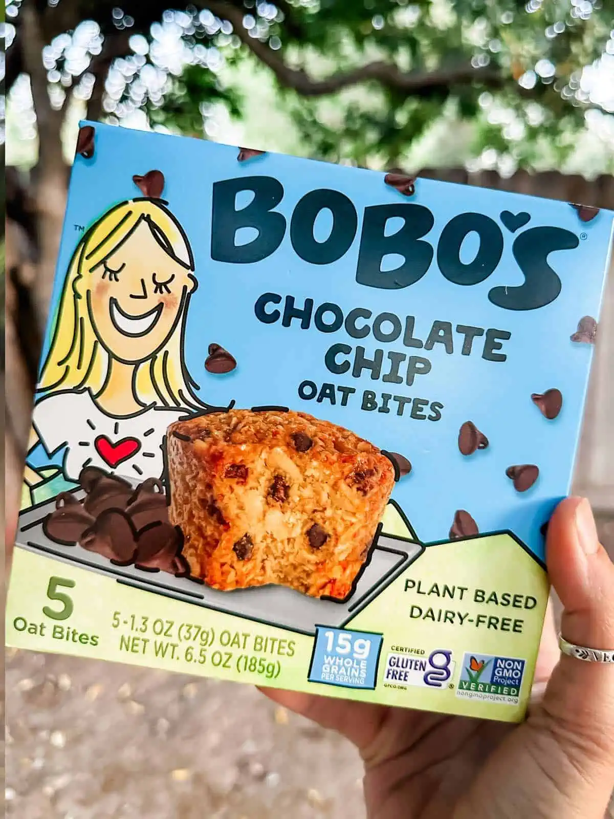 A light blue box of kids chocolate chips pat bites from Bobo's.