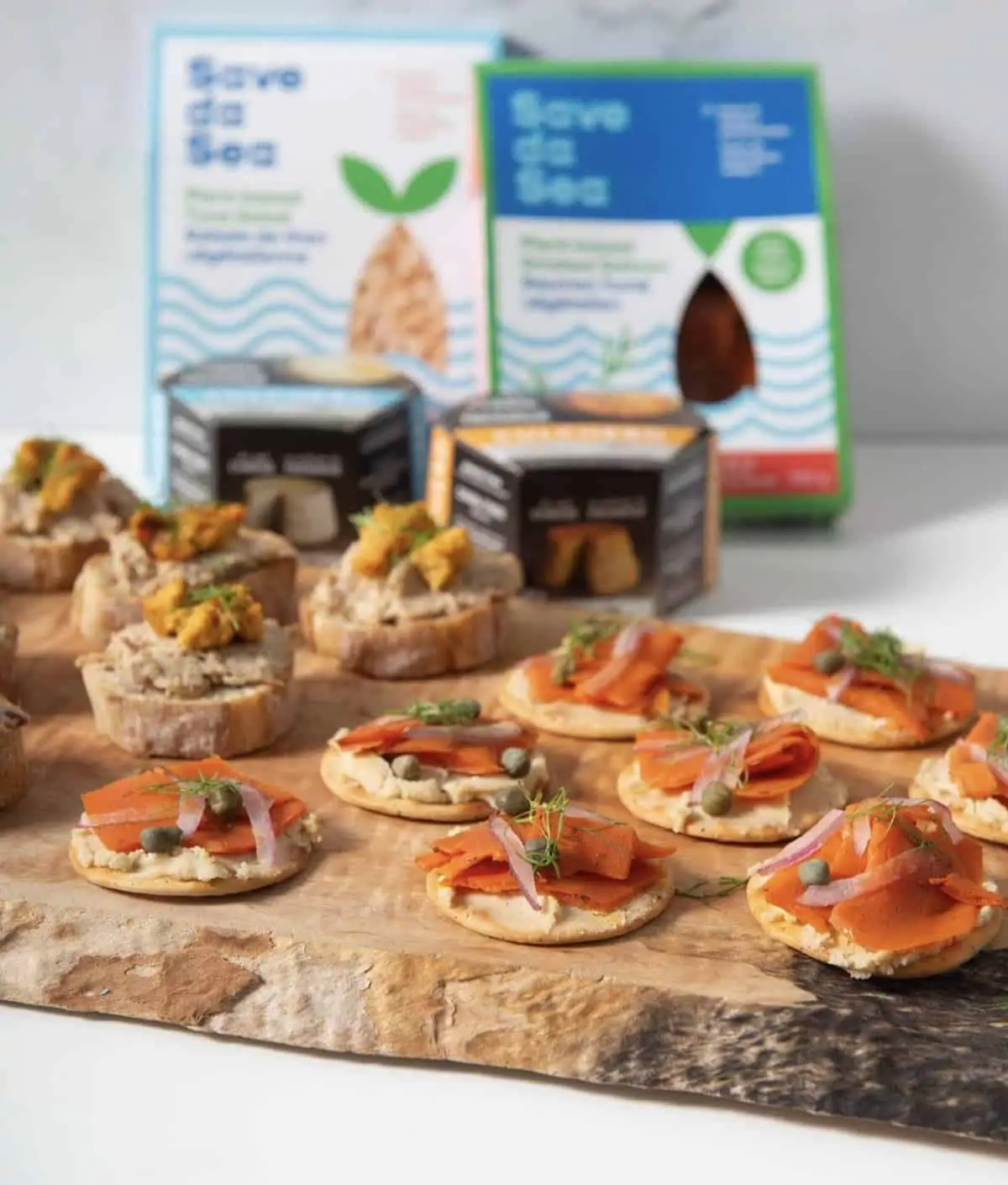 Save Da Sea brand vegan salmon served on crackers appetizer style