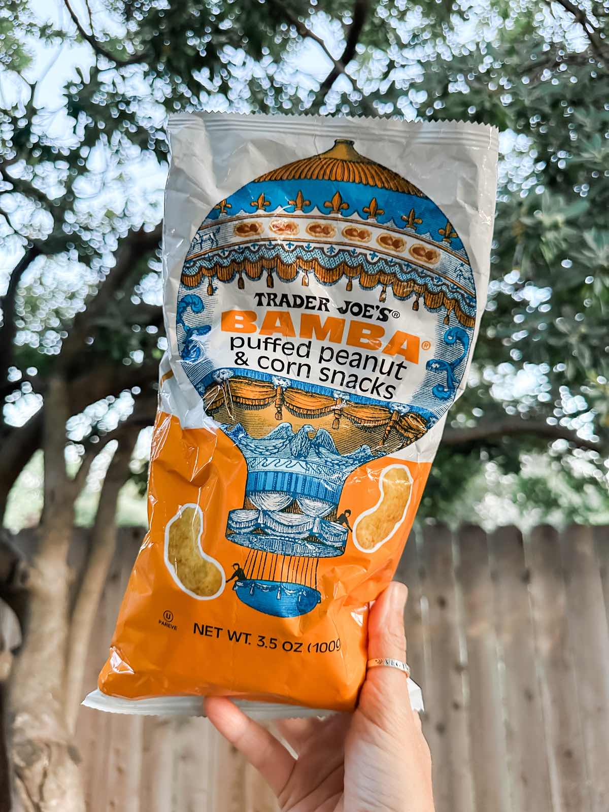 An open bag of Bamba peanut butter puffs from Trader Joe's. 