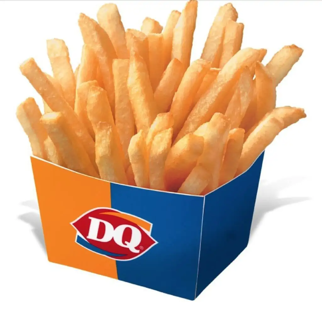 A blue and orange box with the Dairy Queen logo in red and white filled with french fries. There is a white background.