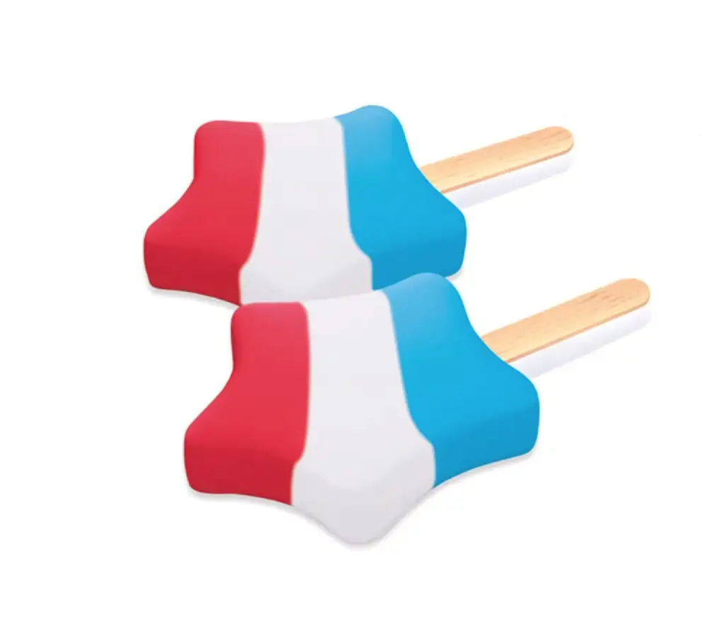 Two star shaped popsicles with the colors of red, white and blue on a white background.