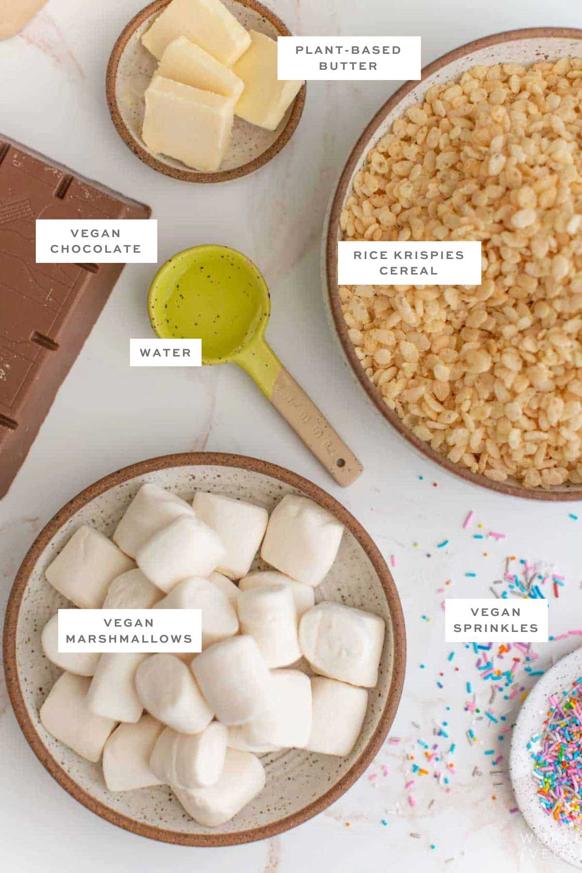 Key ingredients for chocolate-covered rice krispies with labels.