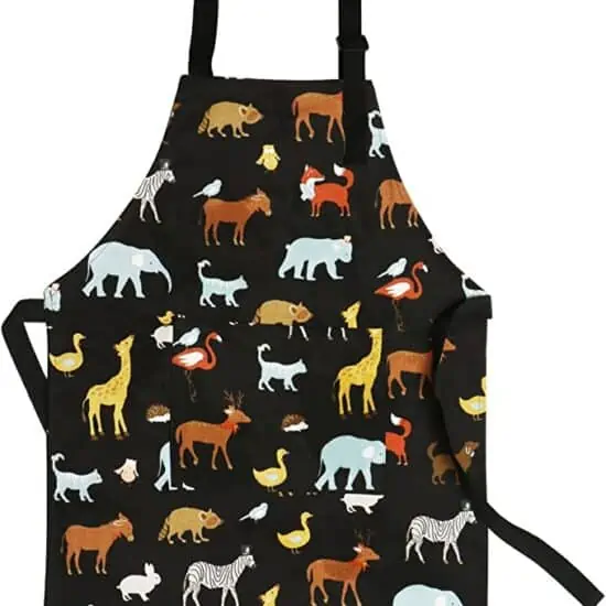 Kids black apron with animal print design.
