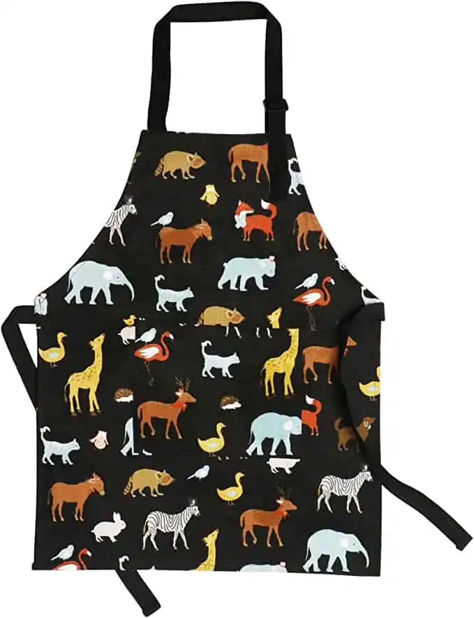 Kids black apron with animal print design. 