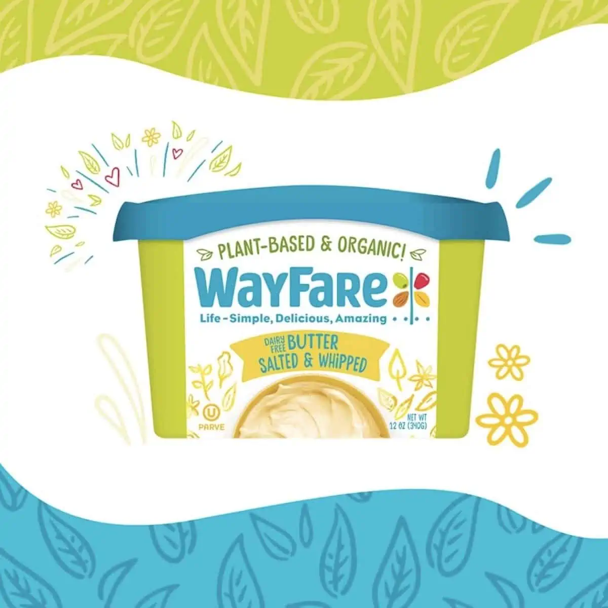 Container of Wayfare whipped plant-based butter in a green and blue container.