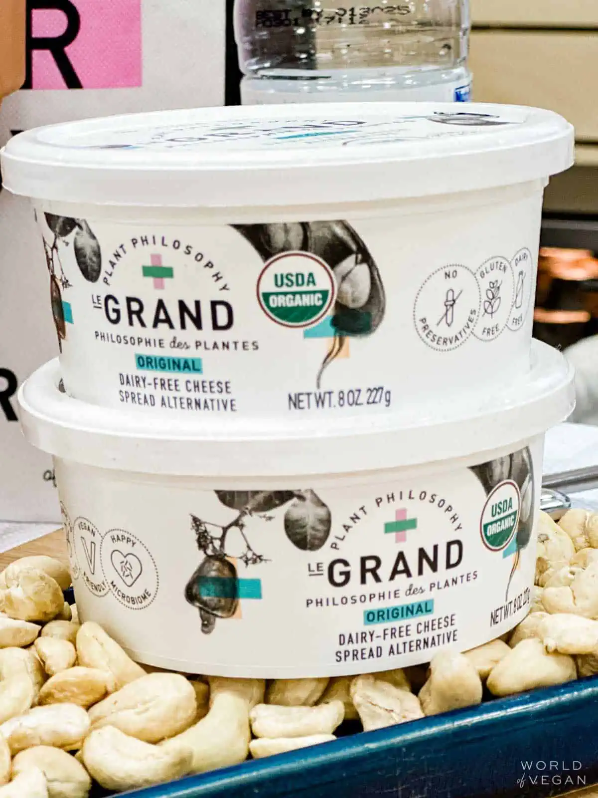 Two tubs of LeGrand vegan cream cheese spread.