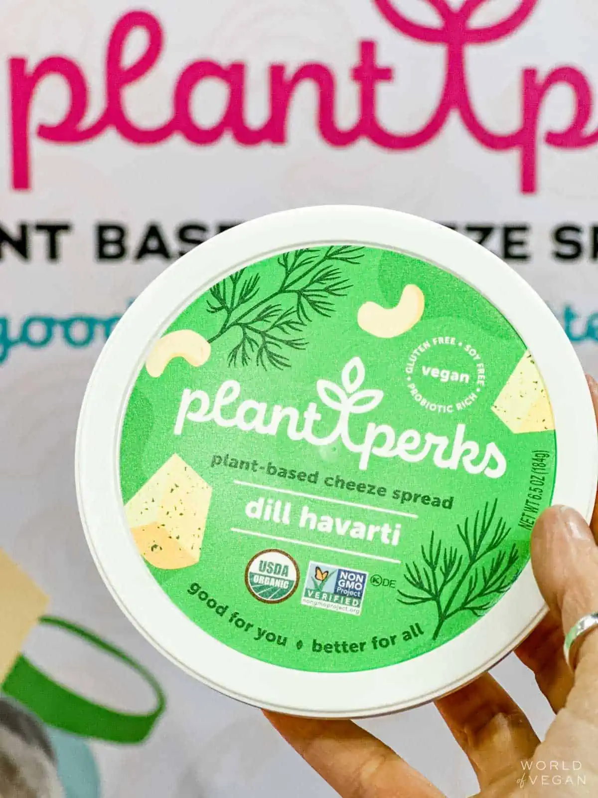 A tub of Plant Perks vegan cream cheese.