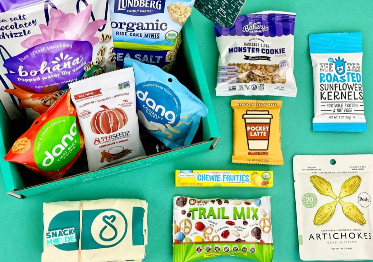 Contents of a vegan subscription snack box by SnackSack.