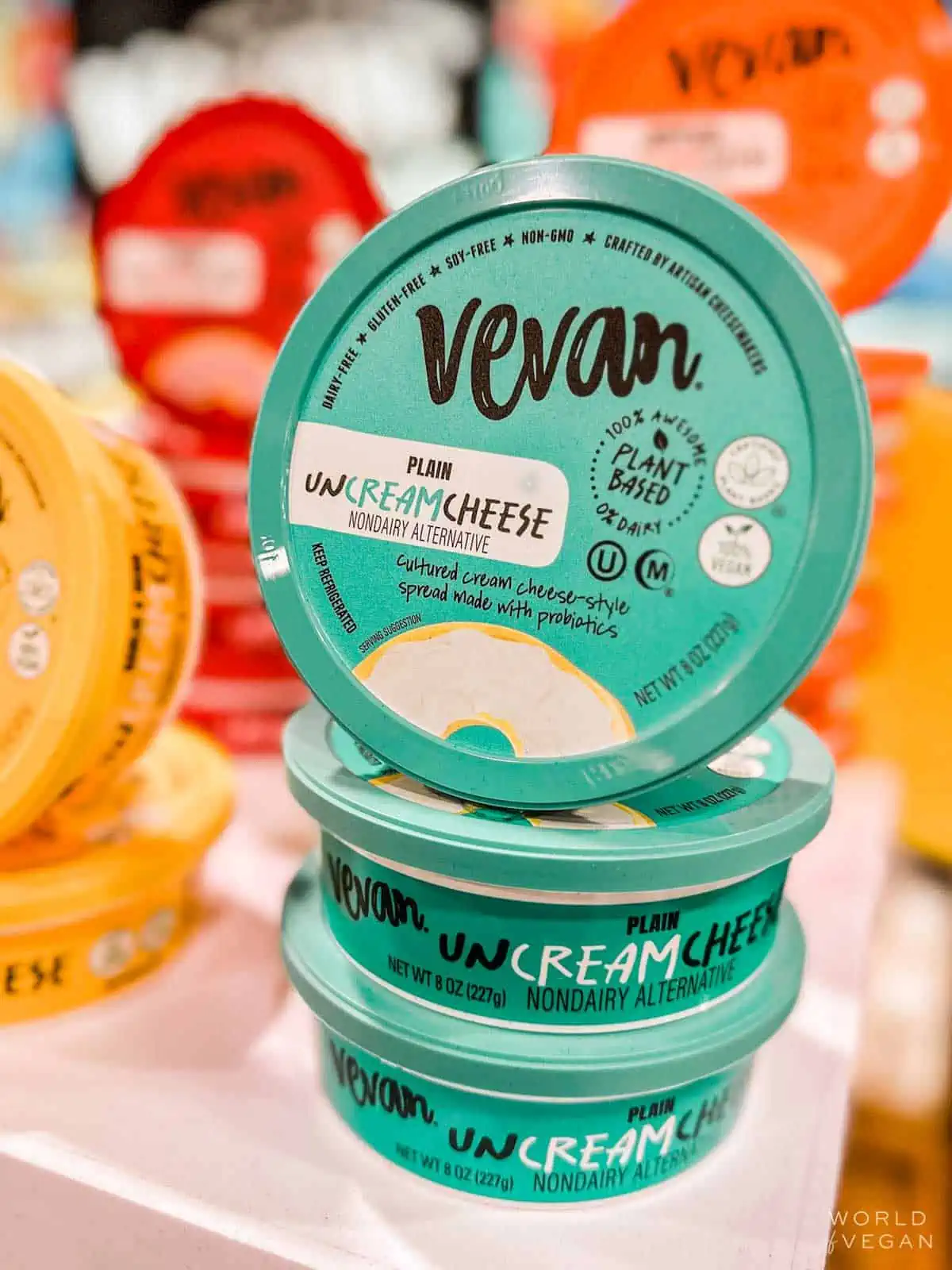 Tubs of Vevan vegan cream cheese.