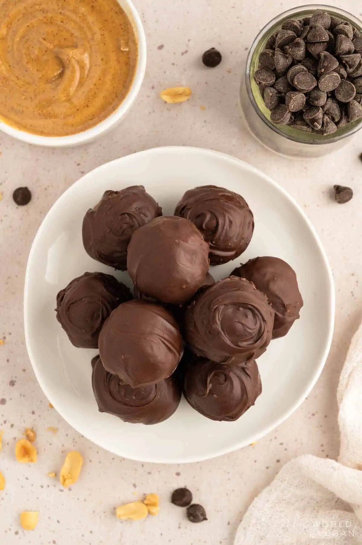 Holiday plate of peanut butter cookie dough filled chocolate bonbons.