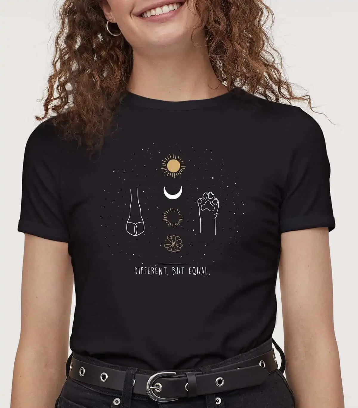 black vegan t-shirt with a mmystical design that says different but equal