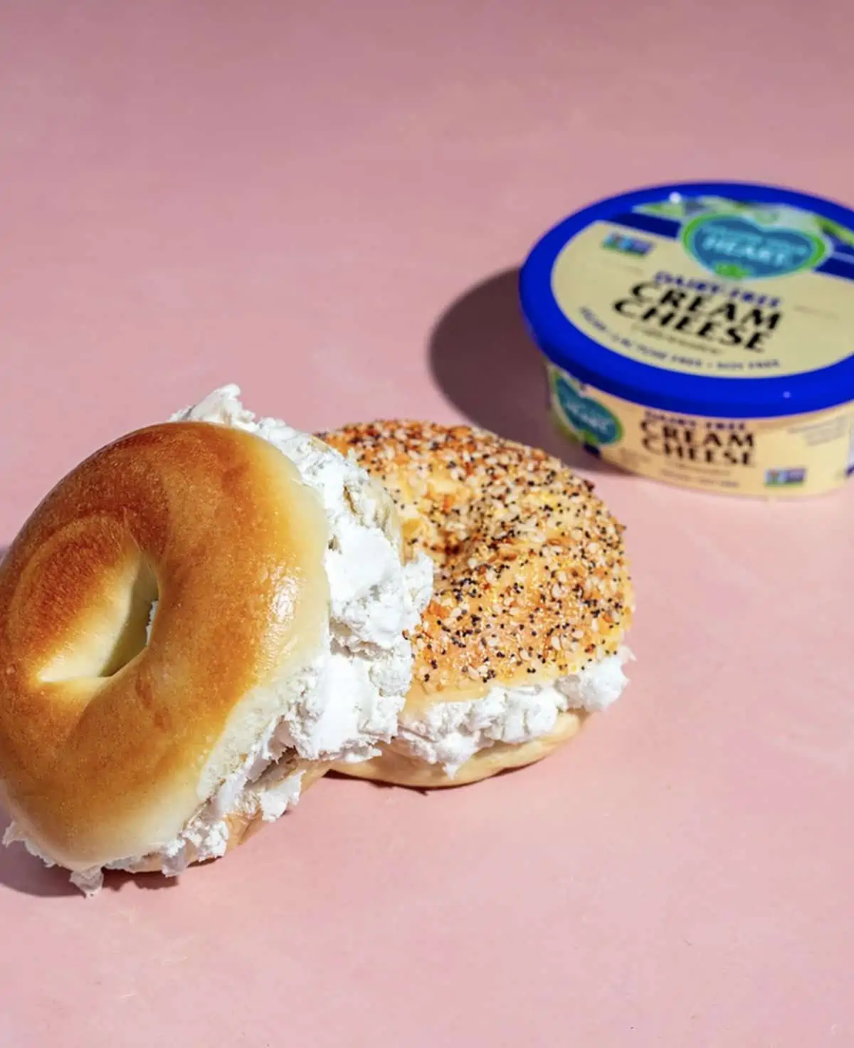 bagel with lots of vegan cream cheese from follow your heart