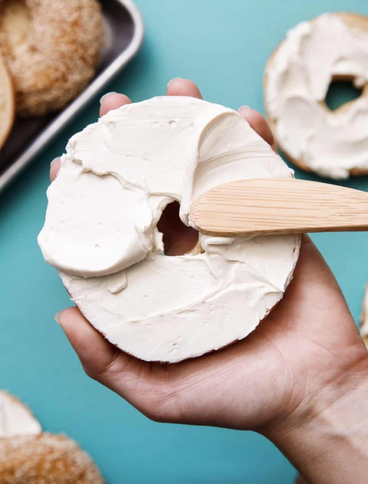 bagel with vegan cream cheese from moocho brand