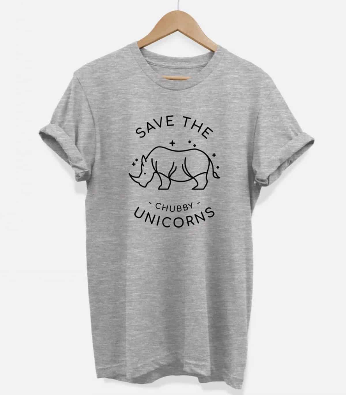 grey vegan shirt that says save the chubby unicorns