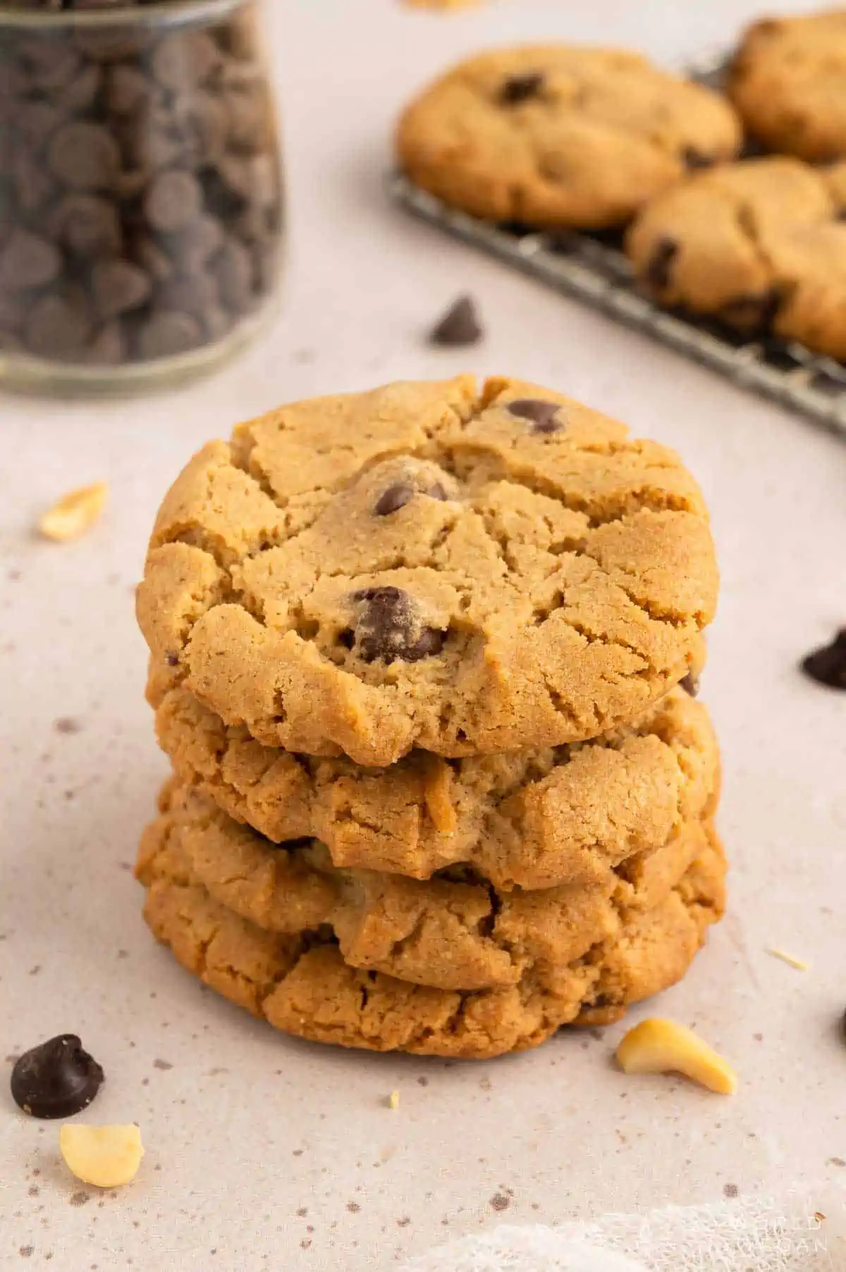 Vegan peanut butter chocolate chip cookies in a stack. 