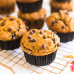 Vegan pumpkin muffins with chocolate chips on a cooling rack.