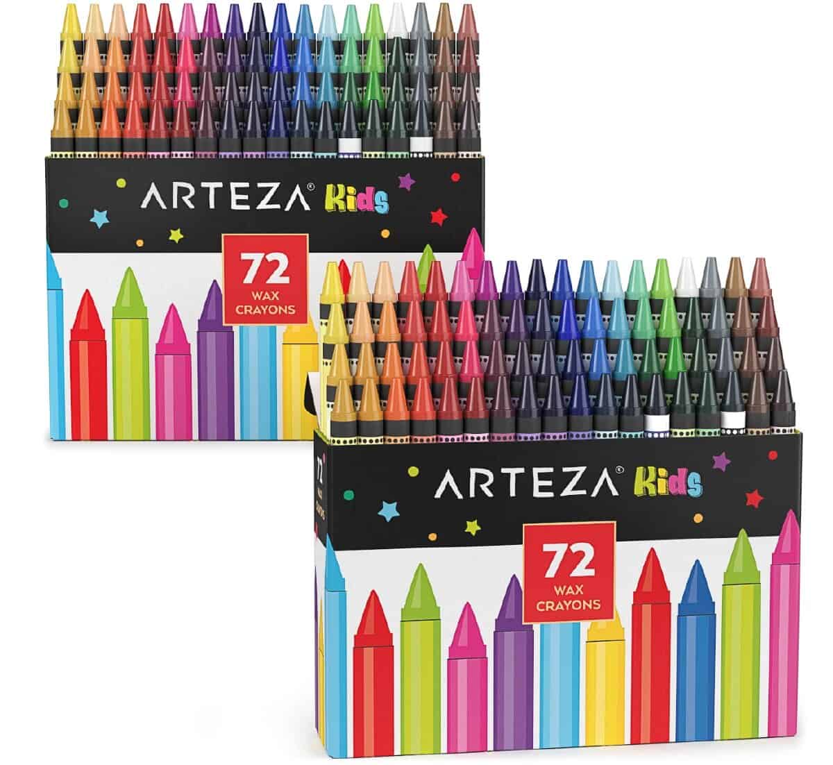 Two large 72 count boxes of Arteza crayons on a white background. 