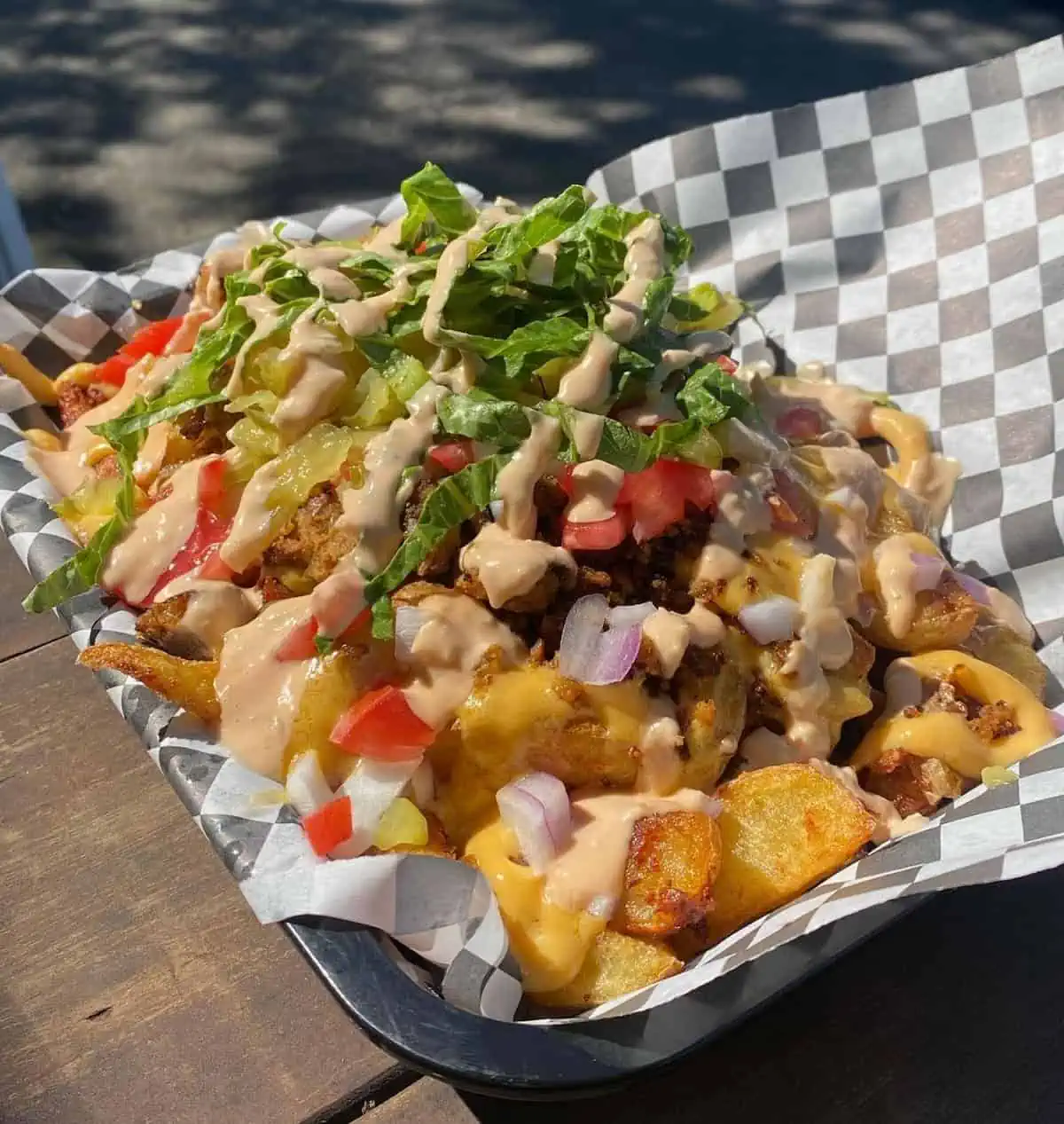 Vegan cheeseburger fries from DC Vegetarian Restaurant.