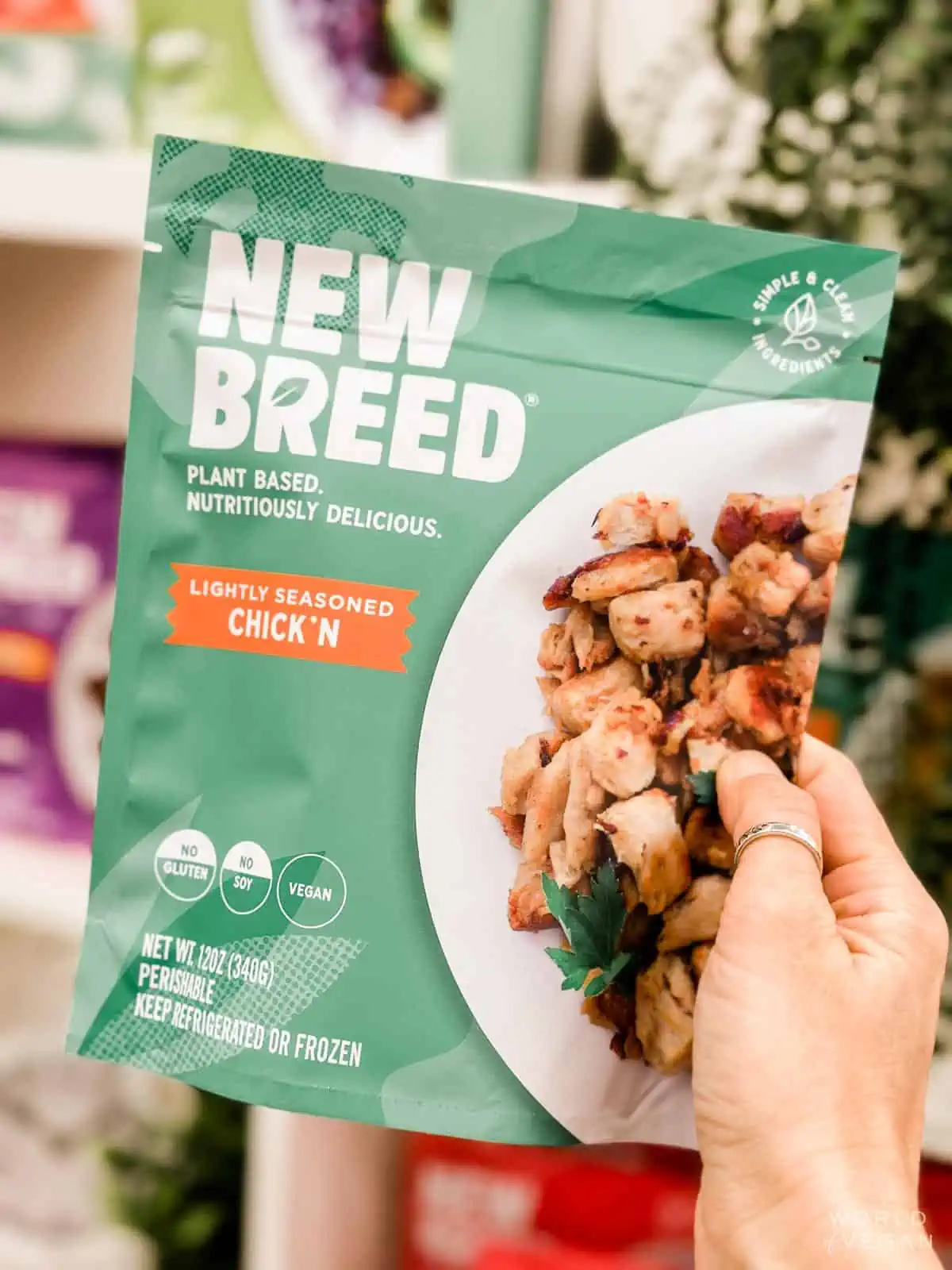 A package of New Breed plant-based chicken.